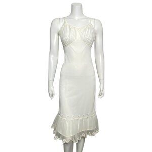 Vintage White Slip Dress With Lace Beaded Trim Ruffled Hem Adjustable Straps